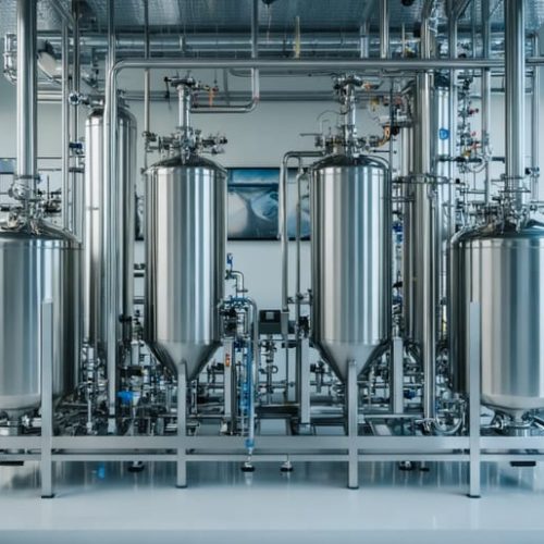 Closed-loop CO2 cannabis extraction equipment in a bright laboratory, with LED-lit cultivation area behind glass and rooftop solar panels plus distant wind turbines visible through large windows.