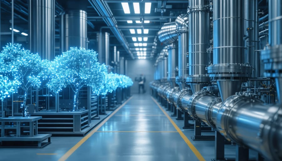Technician monitoring automated extraction control systems in cannabis facility