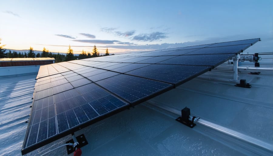 Aerial view of solar panel installation on commercial building rooftop